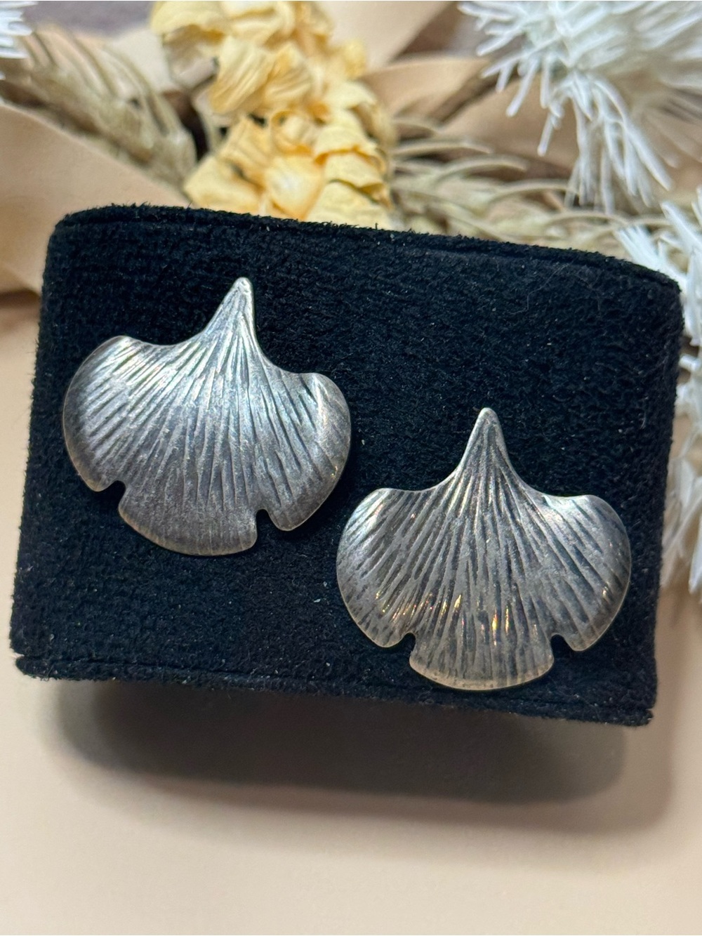 Vintage Silver Tone Ginkgo Leaf Statement Pierced Earrings